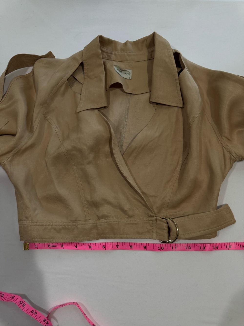 NOCTURNE Beige Cropped Wrap Jacket Linen Blend Open Shoulder Belted Size 2 - Picture 13 of 15